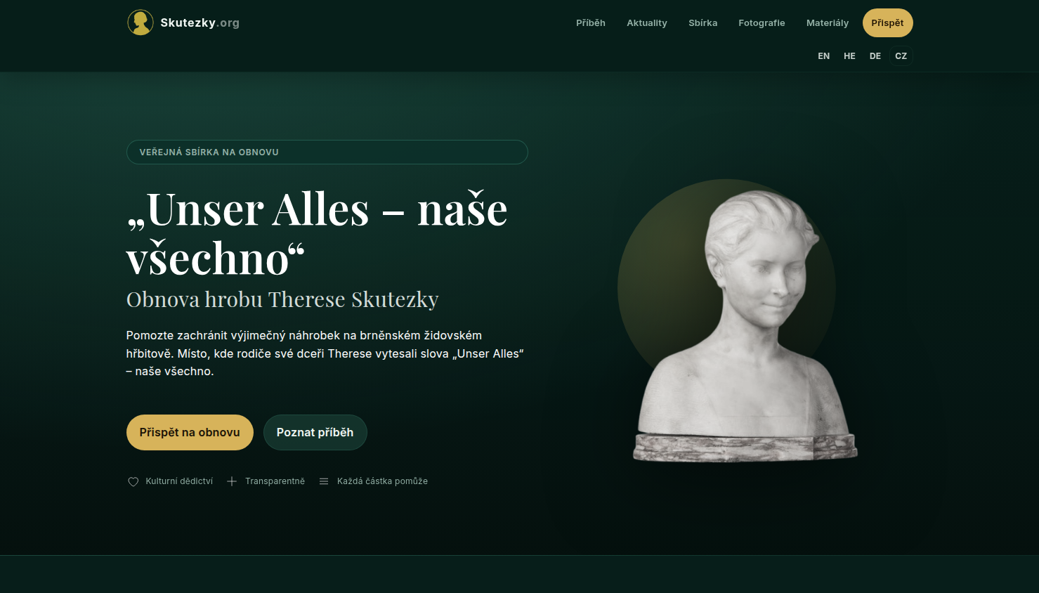 Screenshot webu Skutezky.org — obnova hrobu Therese Skutezky